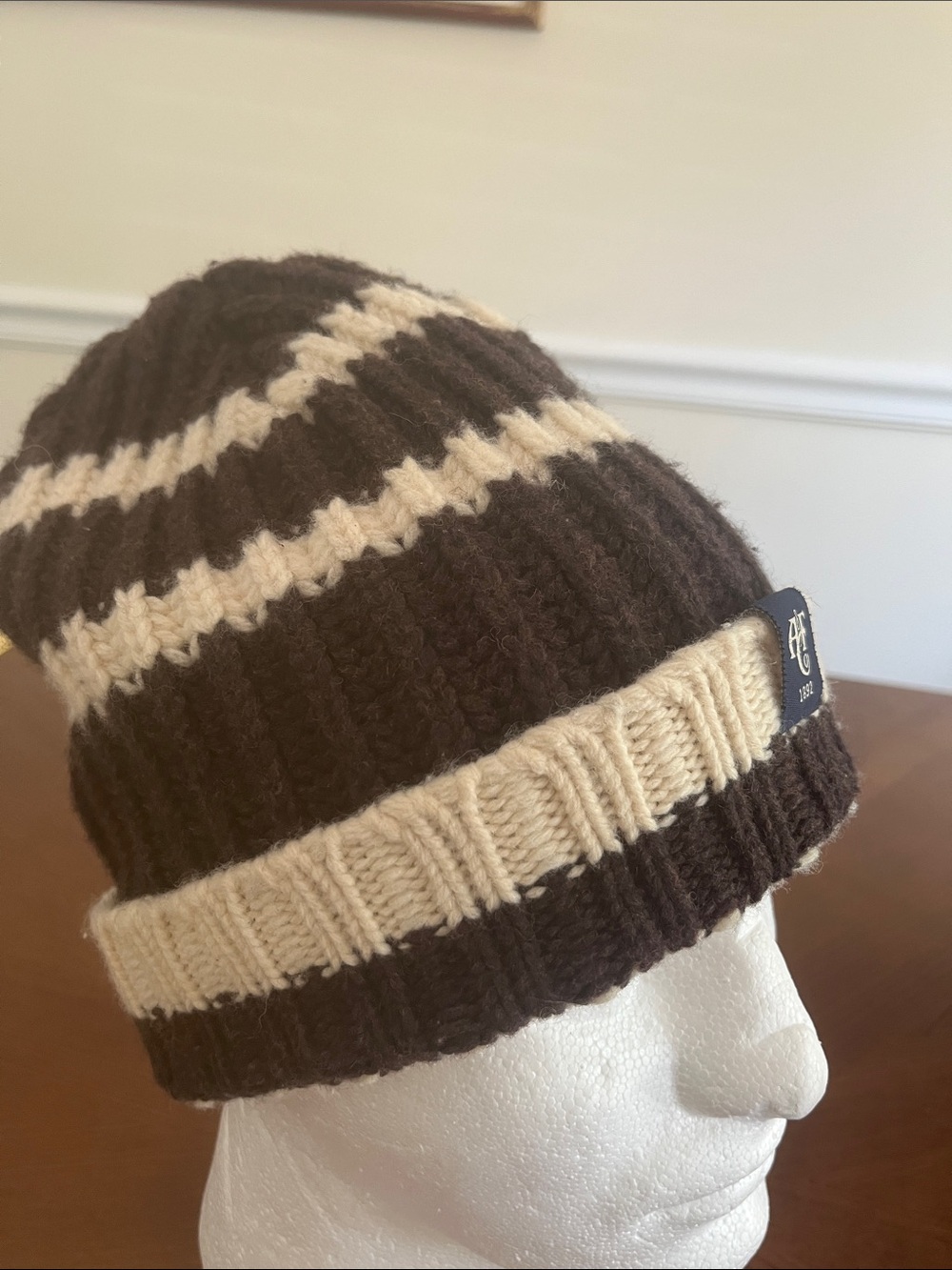 Abercrombie & Fitch Lambswool Hat Gorpcore Y2K Unisex Brown Cream Striped